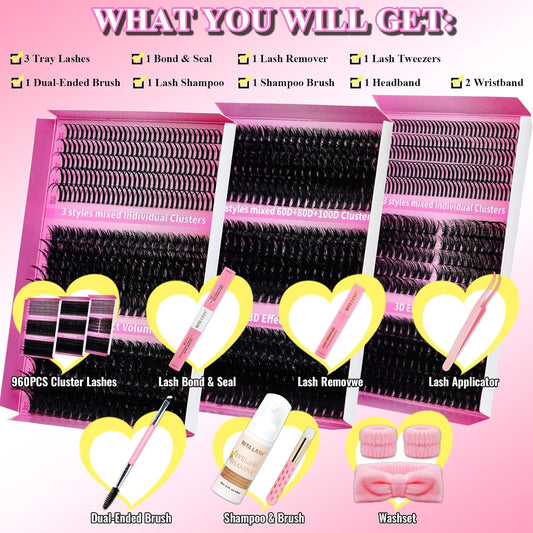 Lash Clusters Kit DIY Lash Extension Kit 3 Boxes Cluster Lashes 960Pcs Cluster Eyelash Extensions Wispy Eyelash Clusters with Lash Bond&Seal,Gift Packs for Beginners Bulk Pack(12 Counts Lash Kit-2)