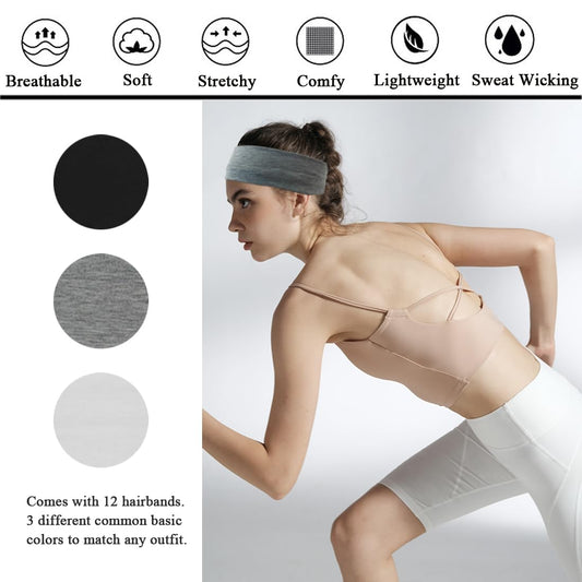 Headbands for Women 12 Pack Sweat Headband Black Gray White | Non Slip Yoga Elastic Head Bands Women’S Hair Band Hairbands Accessories for Fashion, Yoga, Workouts, Washing Face, Makeup