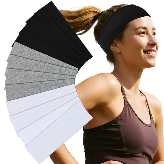 Headbands for Women 12 Pack Sweat Headband Black Gray White | Non Slip Yoga Elastic Head Bands Women’S Hair Band Hairbands Accessories for Fashion, Yoga, Workouts, Washing Face, Makeup