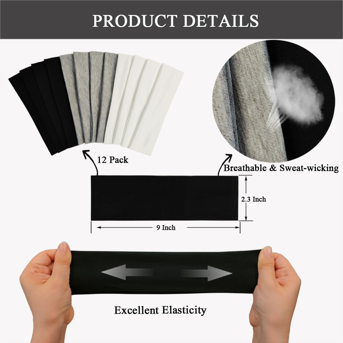 Headbands for Women 12 Pack Sweat Headband Black Gray White | Non Slip Yoga Elastic Head Bands Women’S Hair Band Hairbands Accessories for Fashion, Yoga, Workouts, Washing Face, Makeup